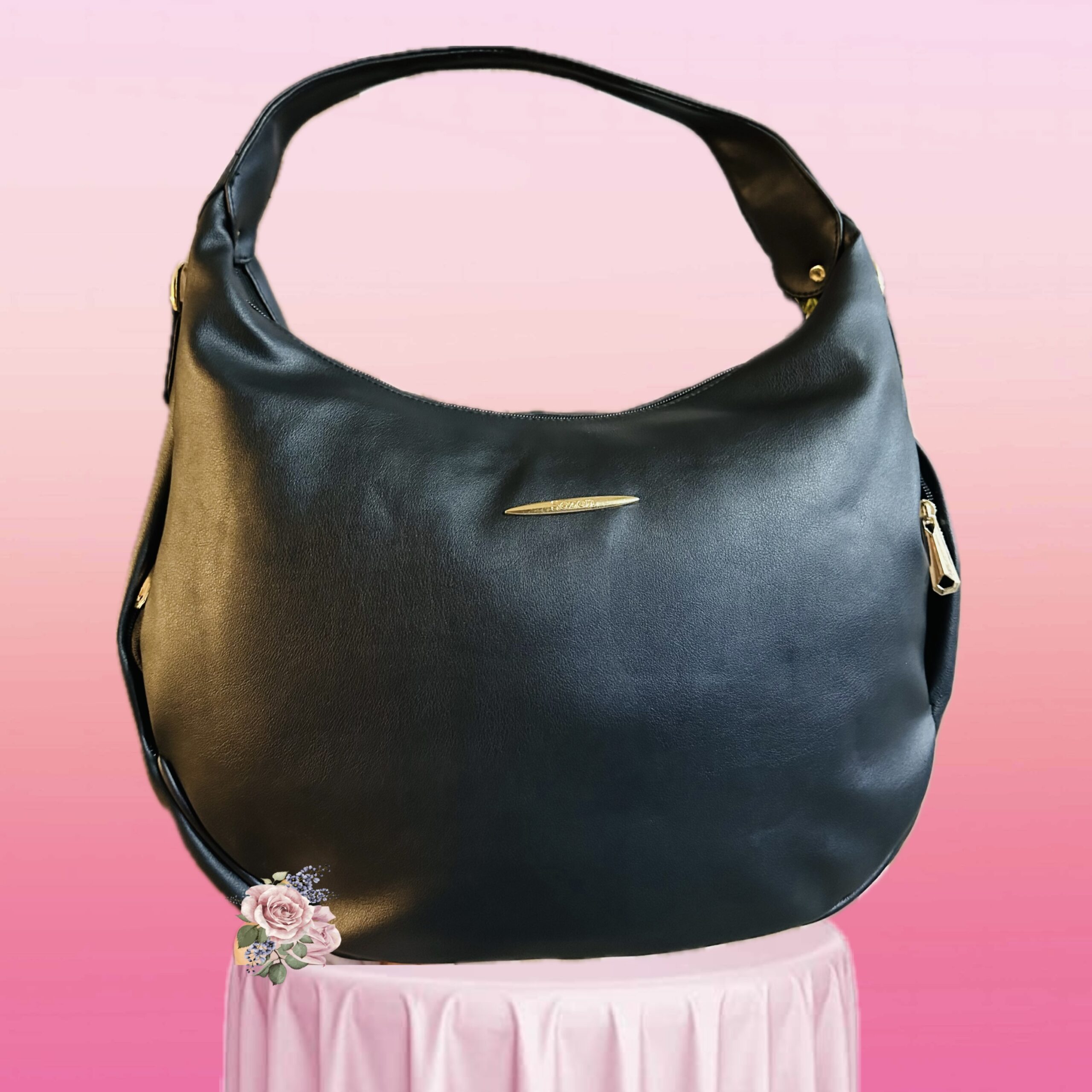Sozen Leather Half Moon Hobo Bag-Black