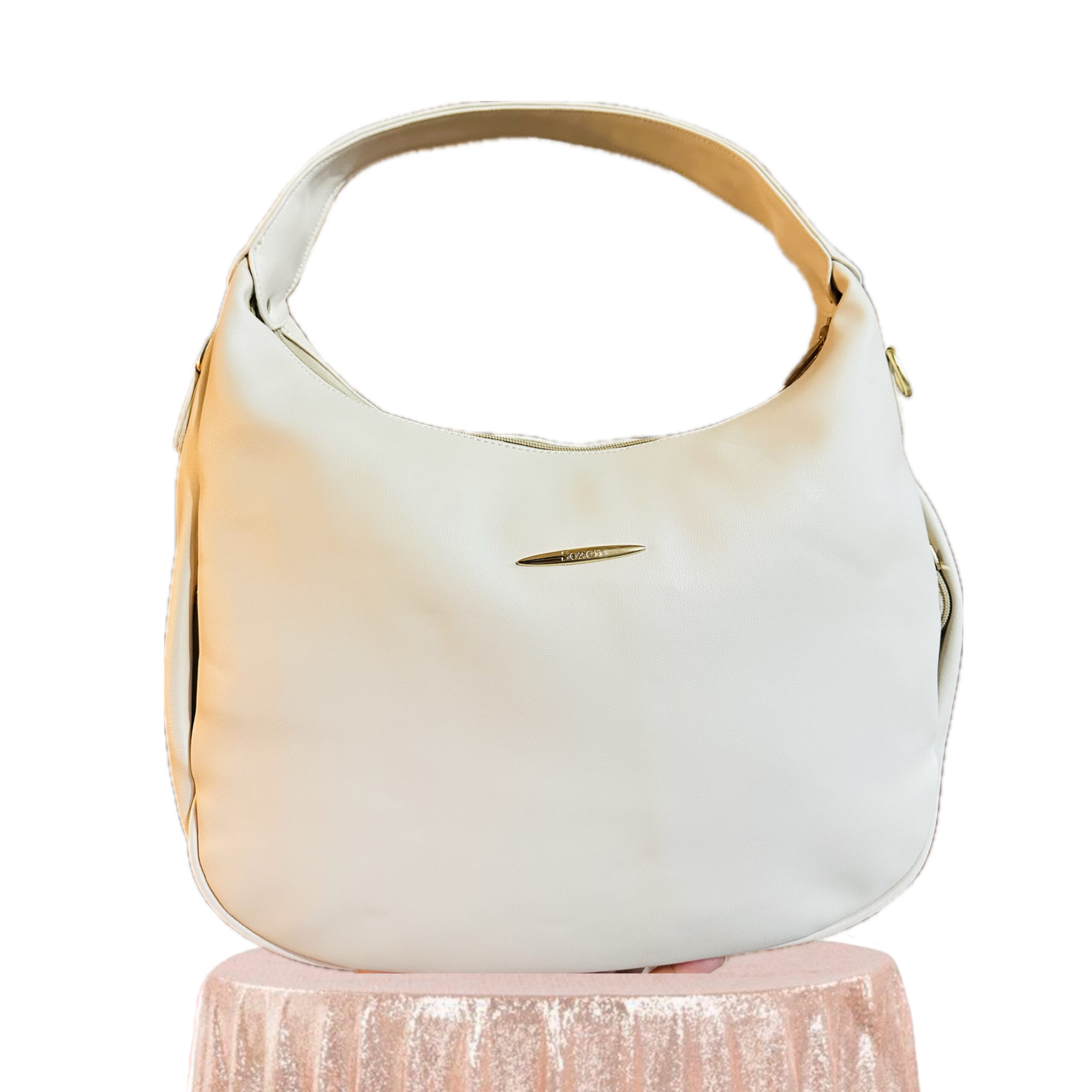Sozen Leather Half Moon Hobo Bag-Beige