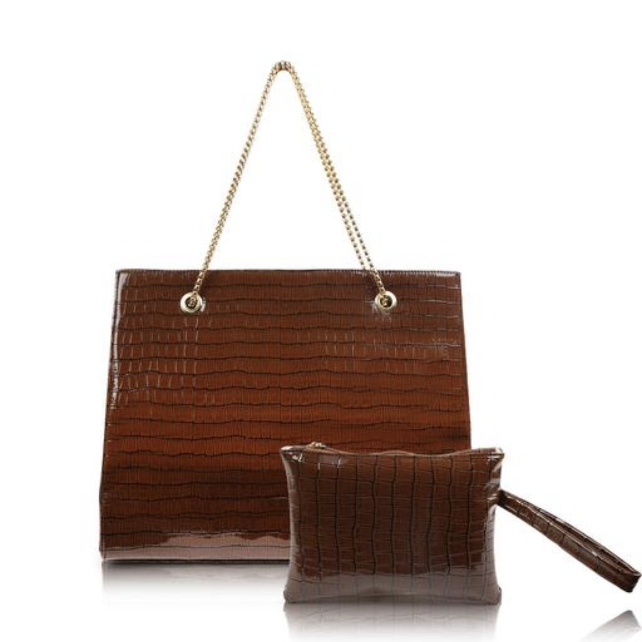 Brown Ember Tote with golden chain ands pouch