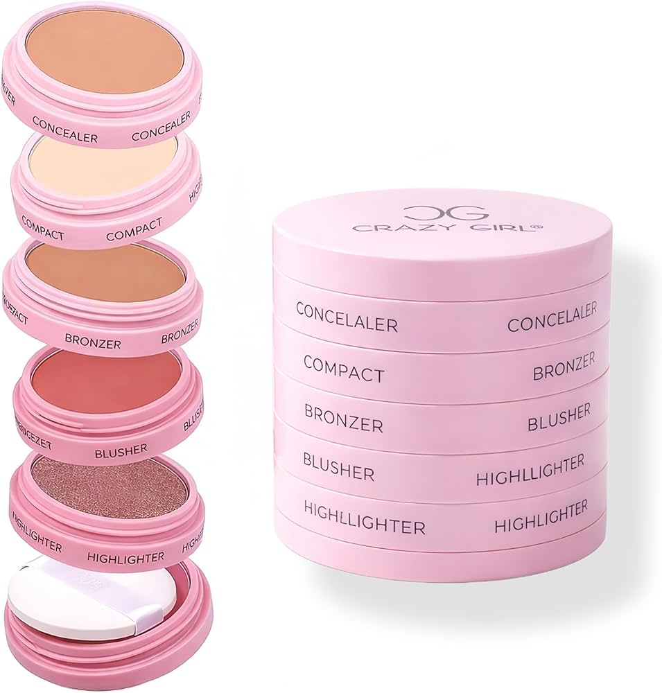 CRAZY GIRL 6 in 1 Makeup Stack Kit | All in One Travel Makeup Kit for Women & Girls | Concealer, Compact, Bronzer, Blush, Highlighter with Sponge | Cute Portable Mini Makeup Kit | Smooth Blendable Natural Finish