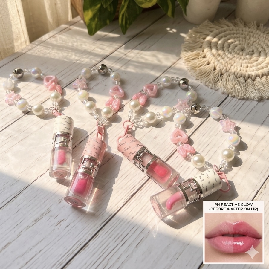 Crazy Girl Charm PH Reactive Color Changing Lip Gloss with Aesthetic Heart & Pearl Charm Bracelet | Long Lasting High Shine Tinted Lip Oil for Women & Girls | Non-Sticky Custom Pink Glow | Portable Travel-Friendly Mini Gloss Keychain